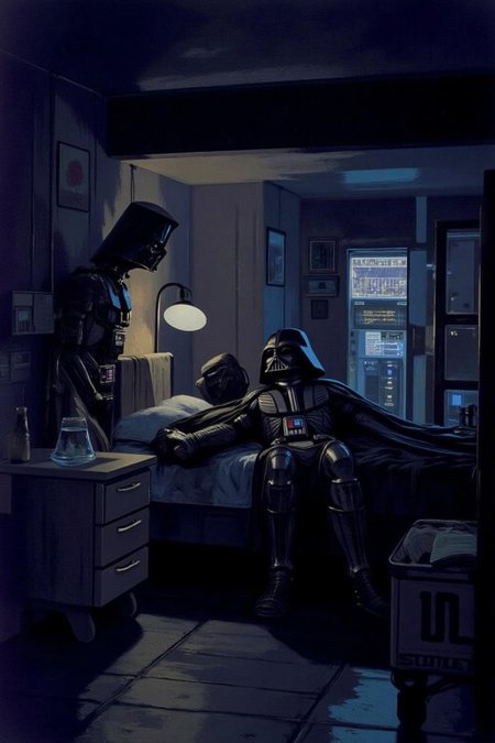 sydme1 painting. A night scene. Darth Vader sleeping in a dimly lit room, with his cybernetic life support system in the background blinking with LED lights.  <lora:sydme6_cap_d6a3:1.0><lora:811008925211090738:0>