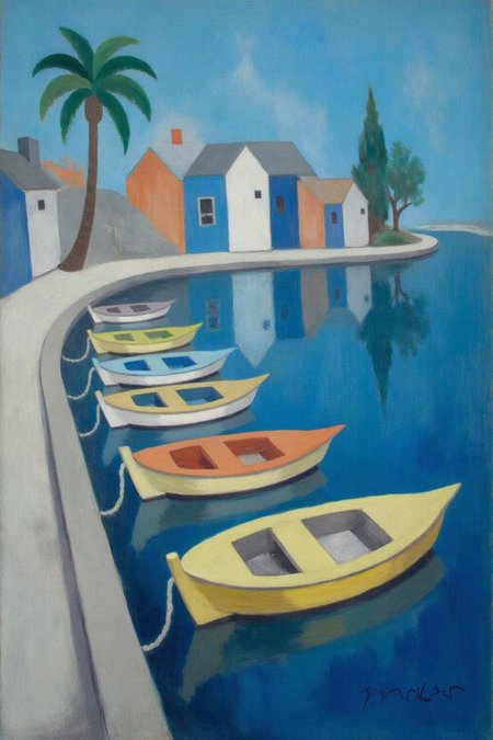 malau1 painting
 A vibrant blue body of water with a row of boats floating on it. The boats are painted in a variety of colors, including yellow, orange, and blue, creating a striking contrast against the backdrop of the scene. To the left of the boats, a concrete walkway extends into the water, adding a touch of depth to the composition. In the distance, a palm tree casts a shadow on the water's surface. The buildings in the background appear to be painted in shades of blue, white, and orange.  <lora:malau1_cap_d6a3e12:1.0><lora:825098754404283940:0>