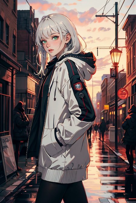 (masterpiece, best quality, high quality, highres, ultra-detailed), 
solo, green eyes, hood, long hair, street lights, looking at viewer, outdoors, hood down, building, sign, night, hands in pockets, city, thighhighs, white hair, bangs, scenery, long sleeves, skyscraper, jacket, pantyhose, cityscape, black thighhighs, 
<lyco:NijiJourney-LyCoris-V6:0.8>, AS-Adult, Asian-Less, OverallDetail, SkinHairDetail,