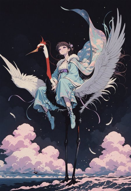 girl in Hanfu riding a white Chinese crane, flying above the sea of ​​clouds.
1 Girl and 1 Large Chinese Crane, sky, clouds, brown hair and purple eyes, Hanfu, jewelry, accessories, fur-trimmed cape, boots, holding the feathers of the crane's neck, sitting astride, riding, sitting with legs apart on the crane's back, white crane, Chinese fairy tale, mythology,
free pose, delicate skin texture, fair skin, delicate face, long eyelashes, pastels, bright tones, wind, light particles, light, bright tones, , , motion lines, extremely detailed, intricate, delicate details, movie lighting, very beautiful, absurd, dynamic graphics, dynamic angles, special movements, dynamic poses, action poses, dynamic movements, Delicate eyes, beautiful, soft colors.,Fantasy, fantastic, romantic, pastel color, cute fashion, flowers, beautiful art, 
sinozick style, flat color, dark theme, in the style of cksc
