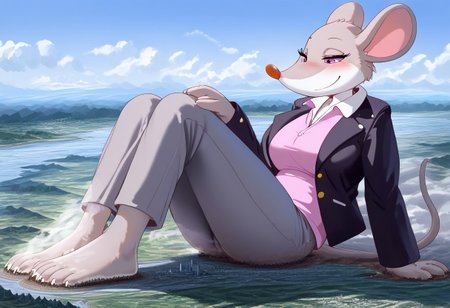Safe_pos, score_9, score_8_up, score_7_up, detailed face, best quality, 1girl, solo, masterpiece, detailed background, beautiful, detailed eyes, mature female, giantess, macro
side view, lien,
1girl, furry female, solo, Thea-Stilton, gray mouse tail, grey fur, purple eyes, pink shirt, open jacket, white collar black jacket, collared shirt, 4 fingers, gray pants,full body view,
 sitting on ground, presenting feet, light smile, narrowed eyes, blush, breast expansion, tight shirt, 
long river, skyline, cityscape, destroyed cityscape,  earthquake, steam, fog, craters