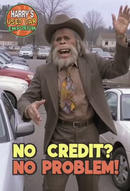 vhslora, this image shows a tv ad for Harry’s Used Car Emporium. Harrybigfoot as an enthusiastic car salesman with a wild smile, stands in a crowded lot of used cars, waving his arms excitedly. He wears an oversized plaid suit, mismatched tie, and a big cowboy hat, radiating zany energy. Retro graphics flash across the screen with bold text reading "NO CREDIT? NO PROBLEM!"