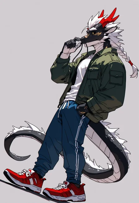 masterpiece,best quality,<lora:p65fn-RASF-000050:1> ,chromatic aberration, line art, dutch angle, 
p65fn, 1boy, male focus, tail, full body, hand in pocket, horns, furry male, furry, pants, jacket, dragon boy, simple background, shirt, white shirt, shoes, red footwear, white hair, braided ponytail, solo, from side, grey background, braid, sneakers, red horns, dragon tail, green jacket, hand up, blue pants, long hair, black skin, colored sclera, dragon horns, open jacket, open clothes, white background, colored skin, profile, single braid, walking, pocket, standing, gloves, <lora:Xiuran&Moqing-RASF-000100:1> ,xiuran,1boy,dragon boy,yellow eyes,long hair,white hair,gold horns,furry male,bara,muscular,bandaid on nose, whiskers,grey skin,two tone skin,tail,white belly,gold tattoo