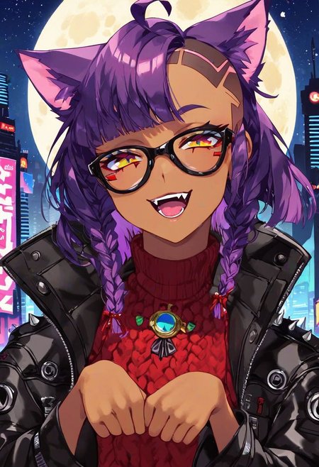 score_9_up, score_8_up, score_7_up, very detailed, very cute catgirl, cute pose, catgirl ears, tanned skin, dark skin, titanium framed glasses, bright neon purple hair, bobcut, ribbon-braided hair, bangs, medium hair, ahoge hair, sly smile, open mouth, starry jewelrey, baggy sweater, oversized sweater, Red Turtleneck sweater, black leather coat, studded coat, spiked coat, night time, cyberpunk city in background, moon, solo focus on face, from torso up, detailed face, best detail, (best quality:1.5), masterpiece, (high resolution:1.5) 
ng_deepnegative_v1_75t, OverallDetail, , Expressiveh