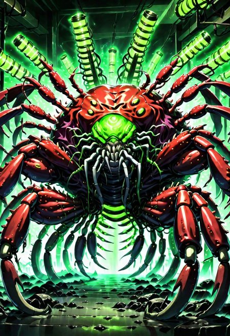 masterpiece,best quality,anime screencap,scene from hellsing, a cybermutant crab covered in glowing green tubes