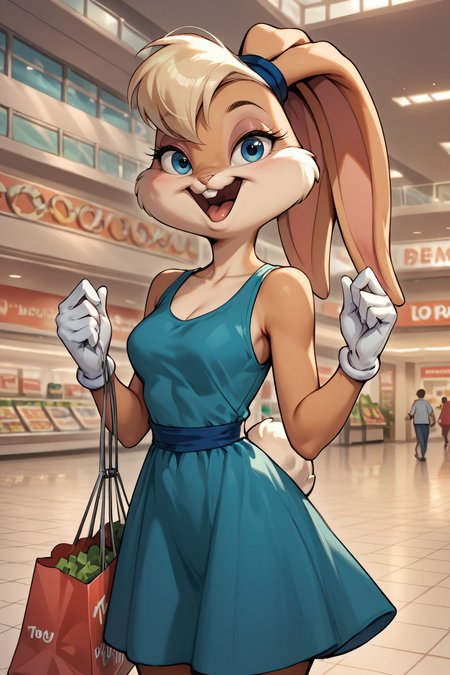 zPDXL3, <lora:LolaBunny:.5>
lolabunny, furry female, rabbit ears, animal nose, white gloves, blue eyes, body fur, teal dress, sleeveless, looking at viewer, smiling, happy, mouth open, standing, inside shopping mall, holding shopping bag,