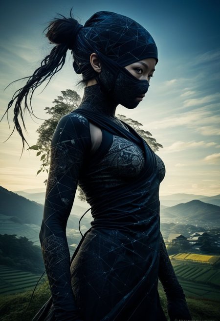 mysterious silhouette ninja woman, rural japan, goddess, alluring, by Minjae Lee, Carne Griffiths, Emily Kell, Steve McCurry, Geoffroy Thoorens, Aaron Horkey, Jordan Grimmer, Greg Rutkowski, amazing depth, double exposure, surreal, geometric patterns, intricately detailed, bokeh,  perfect balanced, deep fine borders, artistic photorealism , smooth,  great masterwork by head of prompt engineering   <lora:add-detail-xl:2>  <lora:Double_Exposure:0.5>