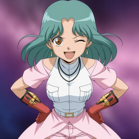 masterpiece, best quality, amazing quality, amazing quality,very aesthetic,absurdres,best quality,newest,masterpiece, breasts, anime screencap, anime artstyle, winking, happy, breasts, anime screencap, anime coloring,safe_pos, safe_pos, score_9, score_8_up, score_7_up, shirt, long skirt, gloves, hands on hips, Bakugan, earrings, Jewel, green hair, brown eyes, wavy hair, gloves, white shirt, pink shorts