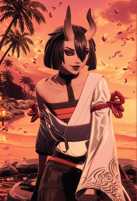 GLSHS,delicate colors,partially illuminated, (masterpiece, absurdres, very awa:1.4), golden hour, orange theme, sunset, beach, rocks, beach ball, sand, palm tree, smug, looking at viewer, fortnitenightrose, 1girl, solo, black hair, short hair, bob cut, bangs, hair between eyes, hair over one eye, asymmetrical horns, oni horns, horns, skin-covered horns, black eyes, black sclera, colored sclera, closed mouth,  mole, mole under mouth, black lips, lipstick, makeup,  choker, black choker, wide sleeves, long sleeves, detached sleeves, off shoulder, armor, japanese armor, japanese clothes, kimono, white kimono, obi, sash, kusazuri, red rope, gloves, black gloves,  pants, natural hot spring, sitting on rock with legs dipped in water, wet skin, towel draped around body, cleavage, steam, gentle ripples in water, warm lantern glow, flower petals floating on water, <lora:GLSHS-IL:1.2>,  <lora:Fortnite_The_Night_Rose_All_Outfits_ILXL:1.1>, <lora:dmd2_sdxl_4step_lora:1>