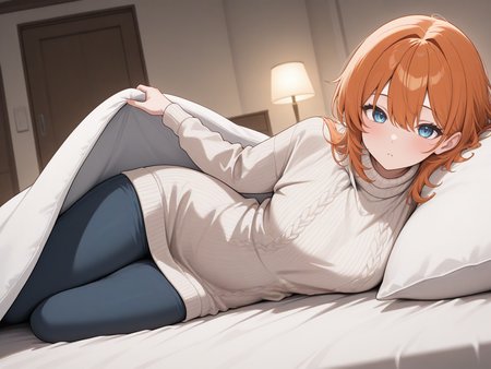 masterpiece,best quality,newest,
1girl, sweater dress, pants,
solo, indoors, lying, on bed, on side, blanket, pillow, bed invitation, looking at viewer, under covers, 
<lora:bedinviteillusxl-10:1>