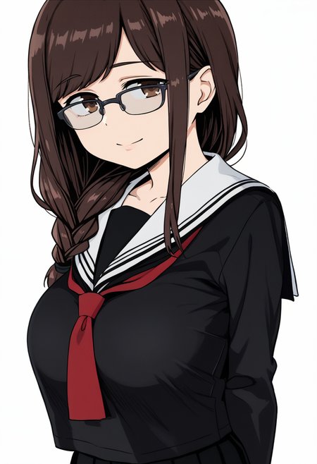 1girl, solo, <lora:Hokuro - Tawawa on Monday-000004:1>, H0kur0Chn, breasts, brown eyes, brown hair, swept bangs, long hair, braid, hair over shoulder, glasses, semi-rimless eyewear, over-rim eyewear, large breasts, black serafuku, school uniform, white sailor collar, red neckerchief, black skirt, pleated skirt, cowboy shot, looking at viewer, arms behind back, smile, standing, white background, simple background,