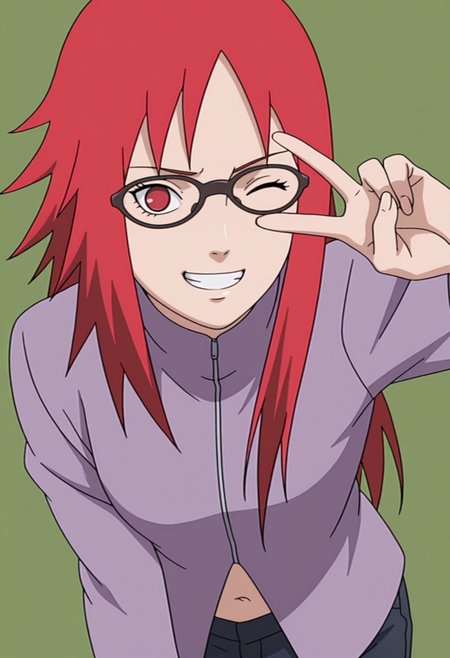 masterpiece, best quality, amazing quality, anime coloring, anime screencap,  1girl, <lora:DX888KarinIL:1> uzumaki karin, red hair, red eyes,long hair, glasses,  jacket, navel,  grin, one eye closed,  BREAK  simple background,  green  background  BREAK  from above,  v over eye,