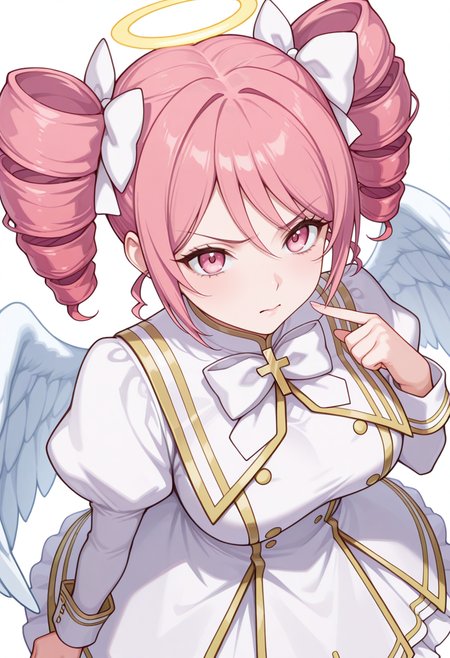 Smooth Quality,masterpiece,very intricate, high quality details, ultra realistic, high detailed skin,detailed enviorement,absurdres,
pointing at self,
 <lora:Pino_CNR:0.8> pino_cnr, 1girl, pink hair, short hair, twintails, drill hair, pink eyes, large breasts,pino_cnr_def, white dress,white bow, hair bow, hair ribbon, cross,long sleeves, juliet sleeves, halo, angel wings,, disgust,, simple background, white background, from above,solo,