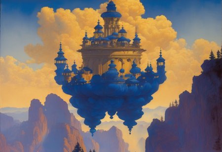 award winning painting of a floating castle in the air, epic composition, detailed, parts made of deep blue crystal,  intricate, Maxfield Parrish Style page