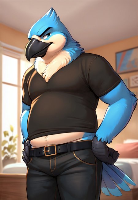 (two-toned, Furry), (male), ((amorous-Coby)), pastel-blue (bird), pastel-blue ((macaw)), pastel-blue feathers, blue eyes, black_scaly_hands, black hands, black forearms, chubby, dad-bod, grumpy, bird tail, feather tail, head feather, neck fluff, black beak, chubby cheeks, round beak, old, 

black pants, black belt, dark-grey t-shirt,

hands on hips, 

bedroom, apartment, rustic room,

(art, HD, good shadows, score_9, score_8_up, score_7_up),