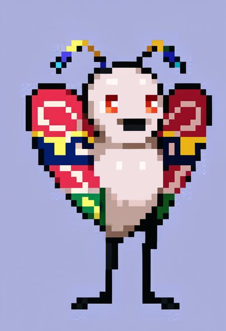 score_9, score_8_up, score_7_up, source_anime, BREAK, solo, looking at viewer,  <lora:Leanboox-Sprite-Style-pdxl_Fp:1>, simple background, full body, pixel art, pokemon \(creature\),  <lora:Mothman-pdxl_Fp:1>, mothman, red eyes, open mouth, antennae, standing, no humans,