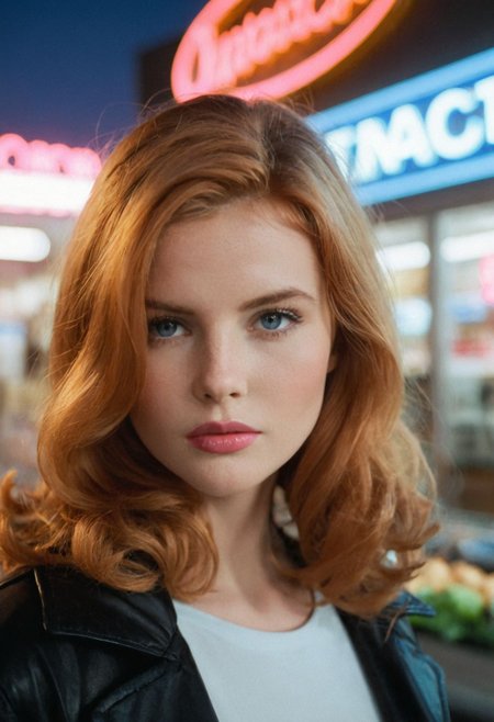 ((CinematicPortrait analog photo)) ginger woman outdoors, blue eyes, (glossy  lipstick), (nighttime shop neon sign), ((soft focus, depth of field, film grain, looking at viewer)) <lora:CinematicPortraitXL_v3:0.65>