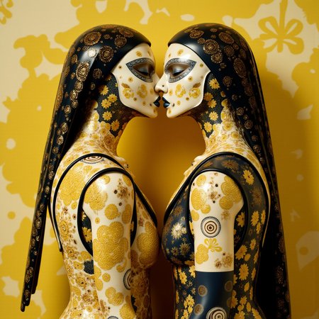 modern style exotic stained ivory <lora:Ivory:0.9> marquetry artwork, full body mature female superhero kissing, Kuwaiti fashion, a striking cyberpunk nun costume adorned with goldleafyellow hand-painted Mandala-inspired polka-dots, swirling across structured corsets, layered skirts, and intricate structures. A fusion of mechanical elegance and floral biology, with gears and pistons intricately woven into the artistic detailing of the clothing. hot lighting, Art Deco aesthetics reimagined through surreal illustration, an intricate balance of mechanical and artistic refinement. Fashion editorial, cinematic, ultra photorealistic, 8K. <lora:Hand v2:1>