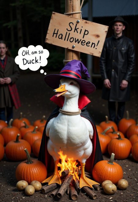 full body of an adorable and incredibly cute white duck, with the golden beak and claws, wearing a black Dracula robe on the outside and red on the inside, Its Dracula fangs are clearly visible and Its pupils are bright red. Wearing a dark purple witch hat with black and red stripes. Its claws are very sharp. The duck's hands bound behind back. tied with a rope to a burning at the stake with fire starting to burn below and surrounding its lower paws, near the pile of wood that is starting to burn, fire, burning, many pumpkins and potatoes are scattered around it. (On the top of the pole is nailed a wooden sign that says "Skip Halloween!":1.5). (Ensure a thought bubble above duck's head that says "Oh, I am so Duck !":1.5), (ensure the text perfectly correct and accurately written:1.5), aidmatextimprover, handwritinglora,
BREAK, 
a crowd of farmers surround and circle a duck tied up to a wooden stake to be roasted at night, outdoors, dark dynamic fantasy background, dark magical fantasy background, (very distant view, shot from very distant:1.2), 
BREAK, 
masterpiece, best quality, ultra-detailed, ultra realistic, 8k, RAW photo, perfect composition, perfect colors, colorful, clear photo, surreal, incredible lifelike, highest resolution, uncanny realism, immaculate micro-details, professional photography, shot on Canon EOS 5D VI, Fujicolor Pro, radiant god rays, dreamy haze, Photographers collaboration by Oleg Oprisco and Tim Walker, view from very distant,