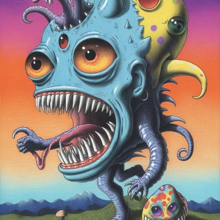 Surreal psychedelic bizarre, The scary monster is running, by JimmyAlonzo <lora:Jimmy_Alonzo:1>