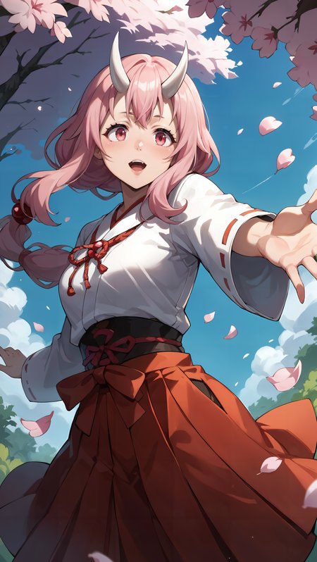 score_9,score_8_up,score_7_up,score_6_up, source_anime, zPDXL, <lora:Shuna - Pony-000004:0.7>,  girl, low-tied long hair, pink hair, white oni horns, pink eyes, miko, red hakama, <lora:Wakfu_CartoonV02:0.5>, <lora:xl_more_art-full_v1:0.5>,  meadow, forest clearing, meadow flowers, reaching, cherry blossoms, pedals in the wind, close-up,