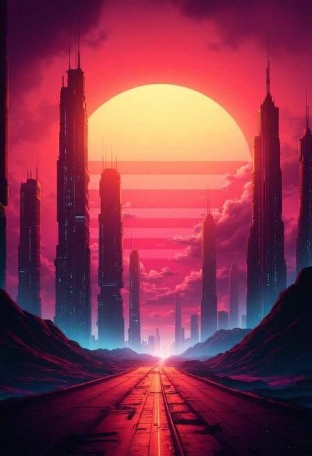 ck-rw, in the style of ck-rw, image of futuristic sci-fi city, with towers and skyscrapers, superhighways, silhouetted at sunset, stormy sky