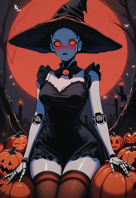 score_9, score_8_up, score_7_up, score_6_up, hllwn, halloween, vintage, source_anime, masterpiece, gloomy and sinister forest, giant red moon, giant pumpkins with evil luminous carving, android, haydeeSDXL, white faceless mask, red lights, blushing, robot arms, dark and orange two-tones sorceress dress, sorceress hat, halloween outfit, wide hips, (two-tones stockings with frills:1.2), focus on giant pumpkins
