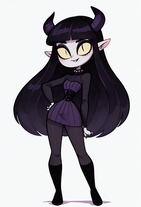 (masterpiece, best quality, good quality, very aesthetic, absurdres, newest:1.2),    1girl, solo, eyelashes, (beautiful eyes),   1girl, solo, long hair, black hair, purple and black hair, looking at viewer, horns, pointy ears, bangs, blunt bangs, slit pupils, yellow sclera, grey skin, makeup, eyeshadow, black lips, purple dress, black boots, knee boots, spikes, spiked collar, gothic, standing, full body, simple background, white background   ,      <lora:VampieNAI:0.8>, smile, hand on hip,  <lora:Diives_NAI:1.0>,