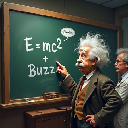 Albert Einstein standing at a chalkboard, his wild hair more disheveled than usual, eyes twinkling with excitement. He's pointing to a modified version of his famous equation, which now reads 'E = mc² + Buzz'. The chalk dust sparkles in the air, and a speech bubble near Einstein says 'Eureka! The missing variable!'. In the background, other scientists look on in awe, their lab coats rustling as they lean in to see the groundbreaking discovery. A small plaque on the chalkboard frame reads 'Revolutionizing physics, one Buzz at a time.'