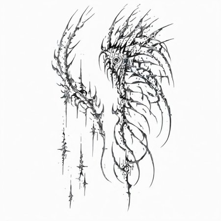 masterpiece, best quality, anime girl, ghost in the shell style, cyberpunk, cybersigilism, neotribal, tribal style tattoo, sketch, highlights, sparkle, gradient, greyscale, monochrome, no humans, white background, simple background, solo