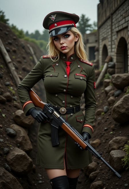She is approximately 18 years old, petite, Full body view,dynamic angles, photoshoot poses, she has an evil smile, She has blonde hair, A photo of T@nya_TE a young woman,is dressed in a military uniform, black thigh highs, and black boots, with a hat and a tie. She is looking at the camera. The photo is in a black and white style, giving it a vintage feel. she is wearing a green jacket and a red tie, which adds a pop of color to the image. The background is blurred, focusing the viewer's attention on  her uniform. She is holding a vintage ww2 rifle, she is in a trench, she is shooting at enemy soldiers. she is looking directly at the camera with a evil expression on her face.  The overall mood of the image is intense and dramatic,RAW candid cinema,16mm,color graded portra 400 film,remarkable color,ultra realistic,textured skin,remarkable detailed pupils,realistic dull skin noise,visible skin detail,skin fuzz,dry skin,shot with cinematic camera,detailed skin texture,(blush:0.2),(goosebumps:0.3),subsurface scattering,beautiful photograph in the style of Augustus John,Sergio Toppi,Virginia Frances Sterrett,8k HD,detailed skin texture,ultra realistic,textured skin,analog raw photo,cinematic grain,whimsical.perfection style,aidmareduxstyle, aidmafluxpro1.1,aidmamj6.1