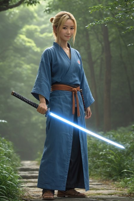 American,  blonde ,full body length photorealistic cinematic ,,mystical,by Makoto Shinkai and Noriyoshi Ohrai,  healer wielding a katana <lora:katana:0.35>