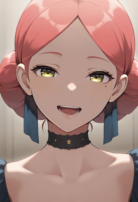 masterpiece,best quality,amazing quality, luka, light red hair, hair bun, yellow eyes, 1girl, solo,  open mouth, mole, mole under eye, smile, choker