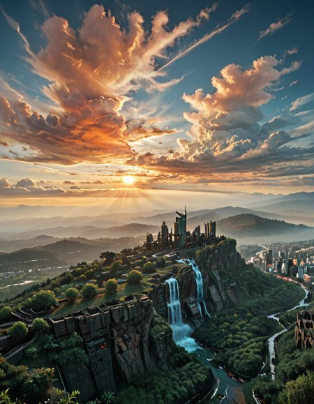 score_9, score_8_up, score_7_up, score_6_up, score_5_up, score_4_up, <lora:SW01v1-5pb:1> imagination, epic world, cyberpunk city, halos of light in the darkness of space, sunset, SE12, rich detailed sky, clouds, T10, landscape, tree, vegetation, rough sea, waterfall, blue, T1, white, dark blue, fantasy, blue, gold, T3,