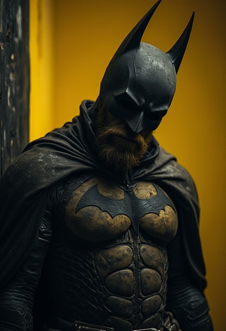 DARK movie still, heavy Film grain, monochrome with Low Key color Highlights, A dystopian DARK villain Photo Portrait of masked batman, outworn Cape and armored suit, rough skin, skin Details, beard, outworn, old, in pain, dust, dirt, gritty, Film Noir Style, high contrast, deep blacks, vibrant Yellow Pop art elements,