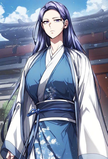 score_9, score_8_up, score_7_up, score_6_up, source_anime, rating_explicit, 1girl, (solo:1.1), huge breasts, <lora:Jin Liyeon prefectPonyxl:1> long hair, black hair, purple eyes, blue hair, purple hair, japanese clothes, white robe, blue kimono, sash, long sleeves, wide sleeves, expressionless, east asian architecture, outdoors, looking at viewer, standing