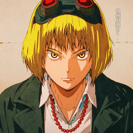 Gumi, Gumi Megpoid,  solo, looking at viewer, short hair, blonde hair, shirt, jewelry, closed mouth, jacket, yellow eyes, upper body, necklace, goggles, goggles on head <lora:Gumi-000005:1>