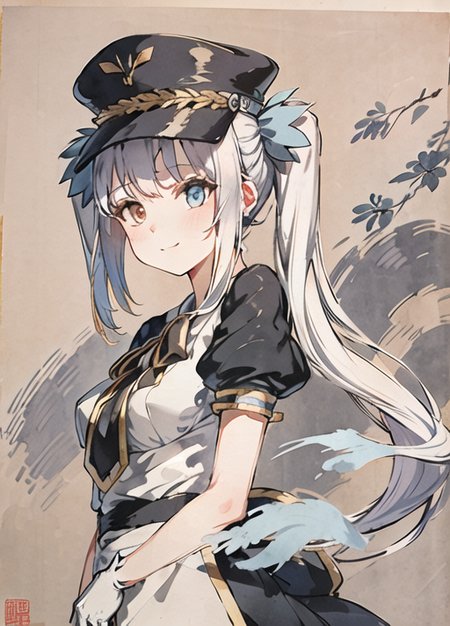 shukezouma,<lora:KaguraMeaLora_kagurameaV10:1>,heterochromia,(bluerighteyesandGoldenlefteyes:1.5), (no hat:1.5) (heterochromia:1.2),negative space ,portrait of a woman standing ,(white hair),(solo),willow branches, (masterpiece, best quality:1.2), traditional chinese ink painting, <lora:Moxin_Shukezouma11:0.7>, modelshoot style, peaceful, (smile), looking at viewer, wearing long hanfu, hanfu, song, willow tree in background,  <lora:Moxin_10:0.2>