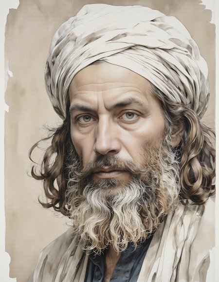 Inkquaria. A realistic digital illustration shoot from a portrait camera angle about a portrait of a man with a long beard and a turban, set against a beige background with a distressed texture. the image also shows a middle-aged man with light skin, long wavy hair, and a serious expression. on the middle of the image, a man who appears to be around 60 years old, with a beard and mustache, wearing a white turban and a dark shirt, is looking directly at the viewer with blue eyes. he has a neutral expression and is positioned in the center of the frame.