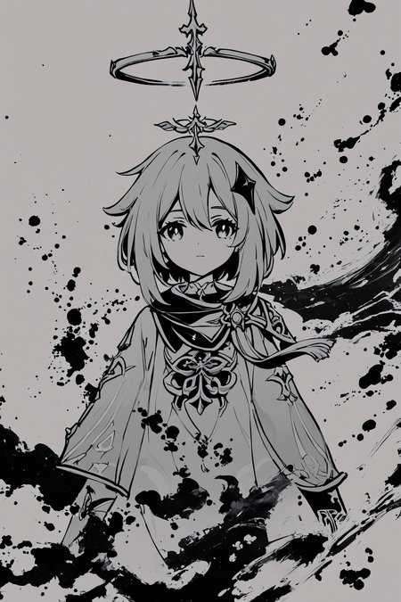 score_9,score_8_up,score_7_up,masterpiece,best quality,
ink \(medium\),paimon \(genshin impact\),1girl,monochrome,greyscale,halo,solo,hair ornament,closed mouth,long sleeves,short hair,ink backround,
<lora:okazu_XL_PONY:0.9>,