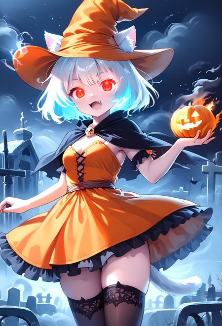(masterpiece), (score_9, score_8_up, score_7_up,source_anime), 4K8K, 
(from behind:1.2), misty, steam, fog, skull object,  Floating Halloween pumpkins, 
halloween, halloween fantasy, ais-ghostly, ghostly Owl, 
Japanese cute woman, closed legs, (solo), cream skin, burning pumpkin, Fire Ball spell casting, (dark aura:1.4), open mouth, Canine, tooth, fang, cat tails, 
(medium figure:0.9), (pointy breasts:1.1), 
(opal hair, bob cut hair), (red glowing eyes, slanted eyes:1.2), 
(wearing orange Witch Costume, witch, orange dress, orange hat, zettai ryouiki, orange garterbelt,  thighhighs:1.2), 
(in Foggy graveyard at dark night:1.3), nekomata, cat girl, cat ears, animal ears, animal ear fluff,