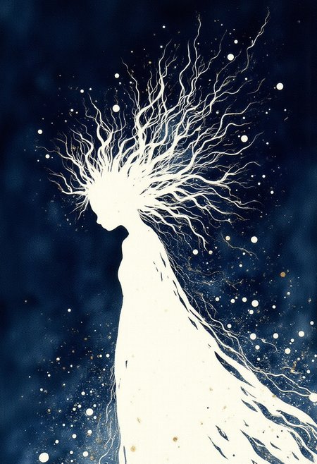 Studio Ghibli Dark Fairytale, A young woman figure, rendered in a striking abstract style.  Silhouette of a young woman with a melancholic expression.  Her posture is slightly hunched, suggesting sadness or vulnerability.  Her hair is depicted as a chaotic explosion of white strokes, radiating outward from her head.  The figure's attire is a simple, flowing white dress, rendered in a similar abstract style, using thin, white brushstrokes.  The dress's silhouette suggests a simple, surrealism design. The background is a deep navy blue, contrasted with scattered, small, light gold specks and splatters, adding depth and texture to the composition.  The image's overall atmosphere is introspective and contemplative, evoking a sense of quiet sorrow.  The abstract style, using lines and strokes to create the figure and dress, creates a dreamlike quality.  The white strokes are not uniform; some are thick and rapid, others are thin and delicate, enhancing the sense of movement and emotion. The composition utilizes a three-quarter view, emphasizing the subject's profile and emotions. The lighting is diffused and muted, creating a quiet ambiance.  The style is painterly and gestural, reminiscent of abstract expressionism.  The technique utilizes expressive brushstrokes and splatters, creating a sense of movement and energy. The image carries a strong sense of emotional resonance, communicating loneliness and vulnerability.