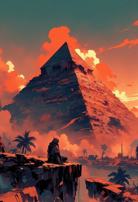 Mh1$AgThS2, intricate linework with expressive contrasts, soft lighting with dynamic highlights, image of an Egyptian pyramid, silhouetted at sunset, sparse clouds, In the style of ff-td