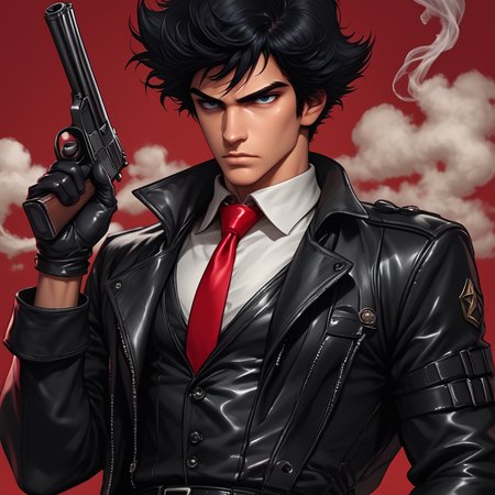 core_9, score_8_up, score_7_up, score_6_up,  <lora:Ars_Niji_Style_Pony:1> ArsNijiStyle, Spike Spiegel, The image is an illustration of a young man holding a gun. He is wearing a black leather jacket and a red tie. His hair is styled in a messy spiky manner and he has a serious expression on his face. The background is a solid red color and there is a hint of smoke coming out of the gun. The overall style of the illustration is cartoon-like and the overall mood of the image is serious and intense., 1boy, weapon, solo, gun, male focus, necktie, black hair, gloves, handgun, blue eyes