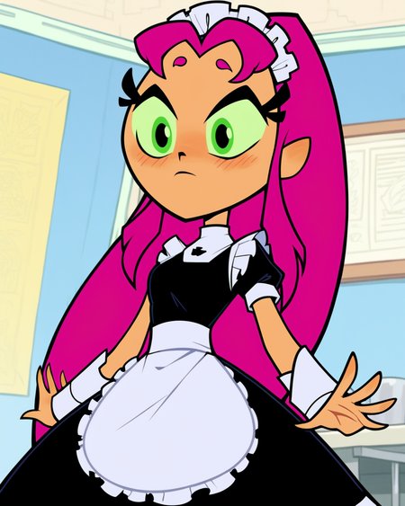 score_9, score_8_up, 1girl, solo, starfire (/teen titans go)/, tan skin, maid outfit, blush, dynamic angle, indoors, <lora:Starfire_TTGO_PDXL:1>