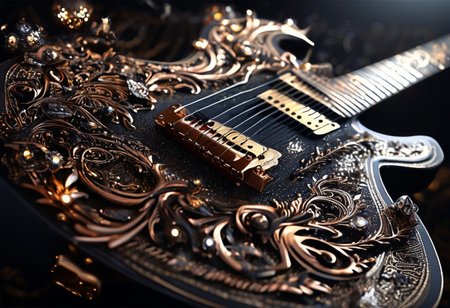 RAW photo of a very detailed reflective guitar with whimsical elements, dark studio, magical glowing podium, the rom is dark, only light of source is the guitar, reflective enviroment, spot lights, fantasy style, 90% black and 10% gold colors, big white diamonds on the guitar, strong depth of field, darkness, dramatic light, dusty black theme, intricate details, ultra sharp, exquisite detail, flawless composition, vivid colors, masterpiece, exciting background,  timeless elegant and Exquisite Copper Ornaments