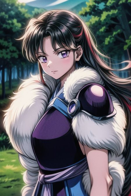 masterpiece,  best quality 1girl Setsun4 solo long hair,  (night time) forest background black hair very long hair purple eyes multicolored hair armor (fur trim) (medium body),<lora:EMS-179-EMS:0.800000>,<lora:EMS-293862-EMS:0.800000>