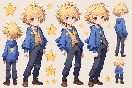 1boy, unruly wavy hair sandy, cornflower blue cardigan with long dark pants, yellow star hair clip
<lora:Character Design:1> character design, sheet, style, multiple angles facing front side and back