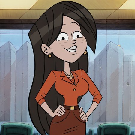 score_9,score_8_up,score_7_up,  jewelry, smile, skirt, long hair, earrings, 1girl, parody,  indoors, hand on hip, big breast,
