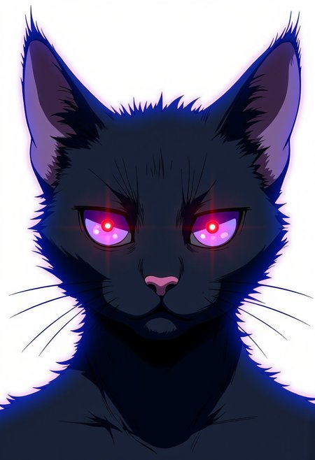 Anime-styled illustration close-up portrait of a domestic shorthair cat. The cat's face and upper body are covered in its natural black fur. 
The cat's piercing, almond-shaped eyes are purple with black pupils, with a bright, glowing red light in the center of each pupil which stand out against the black contrast. Its Its ears are perked forward, alert and attentive. The cat's small, pink nose is perfectly centered, providing a subtle touch of color amidst the monochrome design.
Shot against a pure white background, the lighting is dramatic and high-contrast, emphasizing the cat's eyes. The illumination highlights the sleek texture of the cat's short fur and the reflective quality of its eyes.
Every detail is captured with precision: individual whiskers, the subtle variations in the cat's skin texture, and the crisp edges of the painted patterns. The image is composed as a head and shoulder shot, filling the frame with the feline's uniquely adorned face and upper body.
The Cat is highlighted by a faint glowing blue outline around it, indicating that they might be using or preparing to use some sort of power or ability. 
C0NTR4CT0R